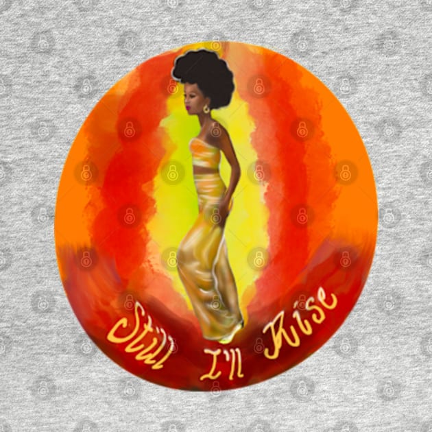 Still I’ll rise -multi coloured colored background - black girl with Afro hair, shimmering gold dress and dark brown skin side profile. by Artonmytee